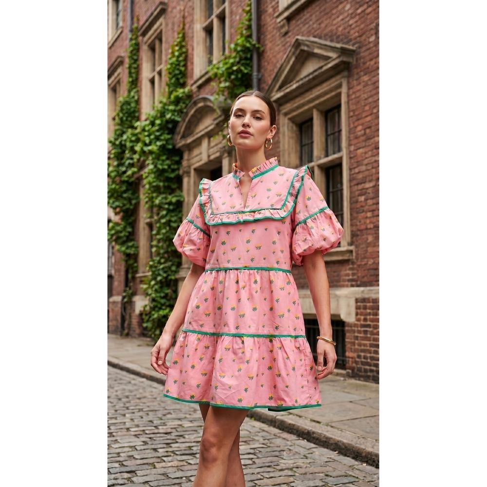 Umgee Pink Green Tiered Babydoll Mini Dress Puff Sleeve Womens XL NWT